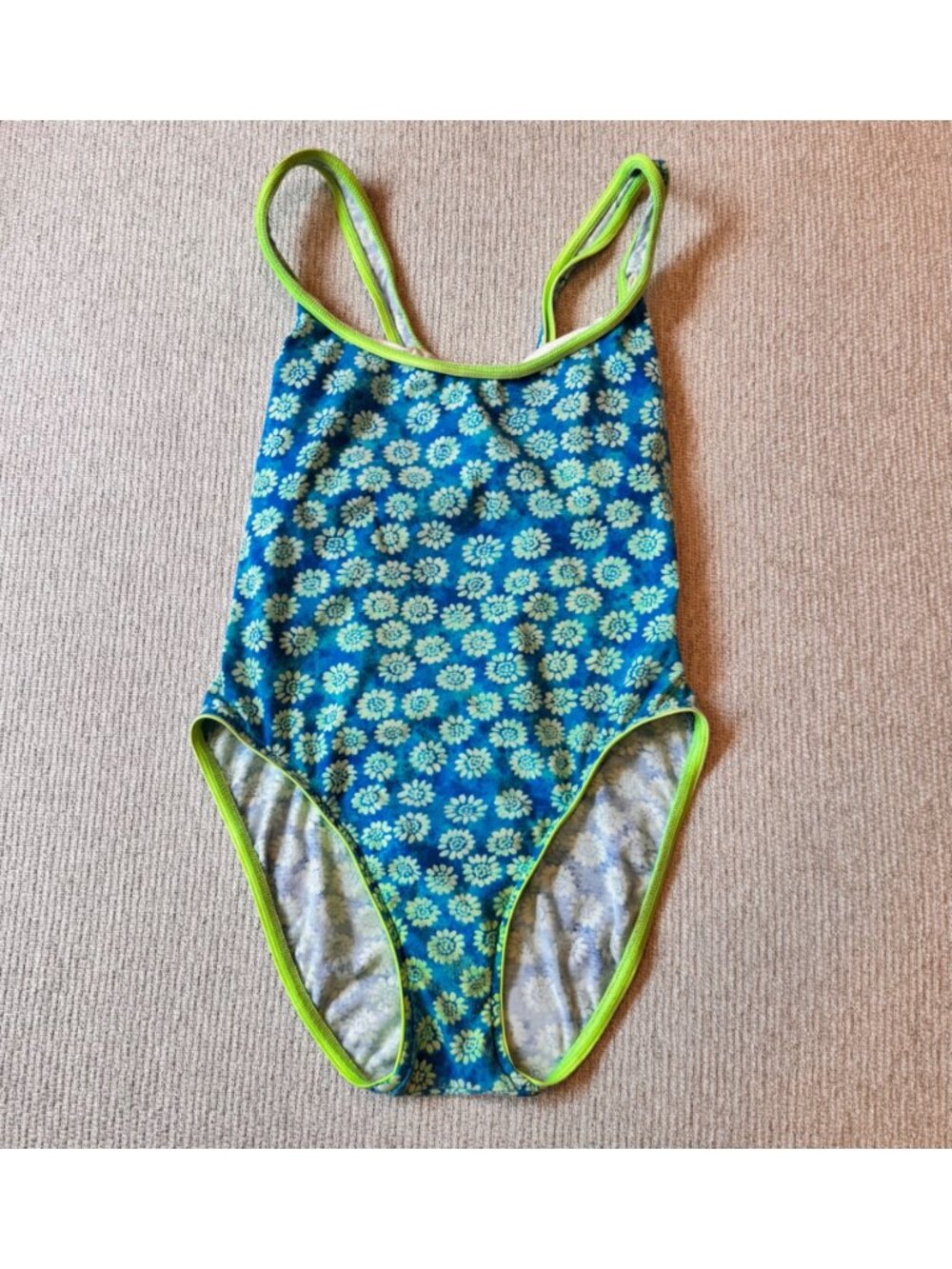 Vtg 90s High Cut One Piece Swimsuit Womens Blue Lime Green Bathing Suit Floral